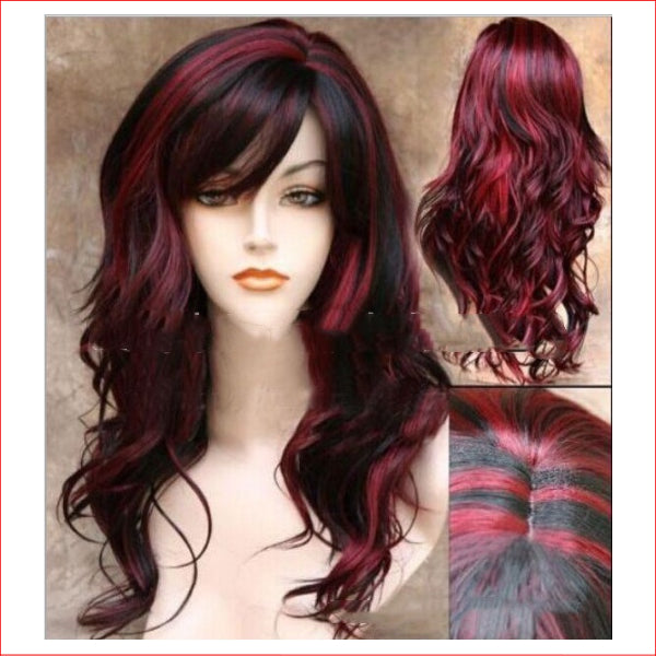 Wig Long Curly Black and Wine with Bangs