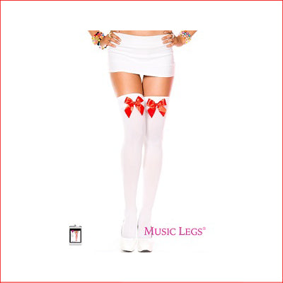 4742 Satin Red Bow Thigh High Opaque White