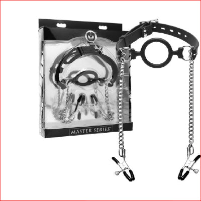 Master Series Mutiny Silicone O-Ring Gag with Nipple Clamps