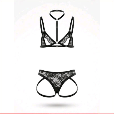 Mens Black Lace Hollow Halter Bra Set