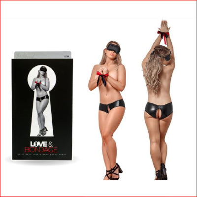 Love & Bondage Split Back Liquid Onyx Crotchless Booty Short 3pce Set S/M