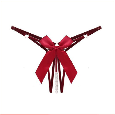 Satin Bow Pearl Crotchless Wine OS