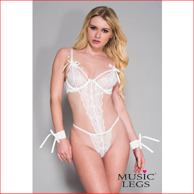 Spandex Lace Teddy with Hand Cuffs White