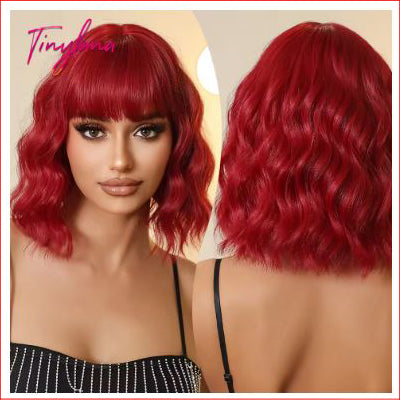 Wig Short Burgundy Wavy with Fringe