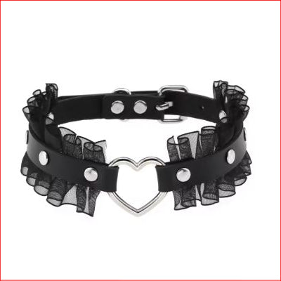 Choker Collar Black Lace Silver Heart