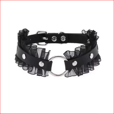 Choker Collar Black Lace with Silver Rin