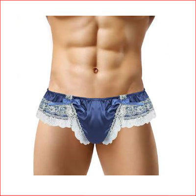Mens Navy Satin &  Lace G-String Medium
