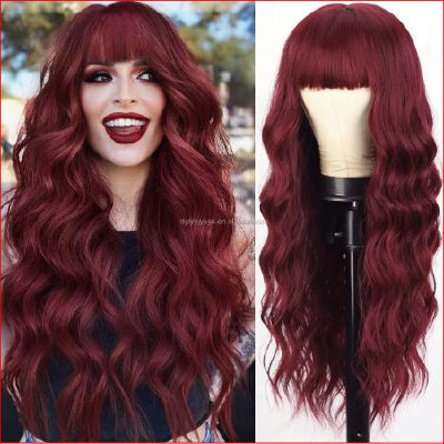 Bangs Wavy Curly Wigs 26inch Burgundy