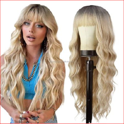 Bangs Wavy Curly Wigs 26inch Blonde