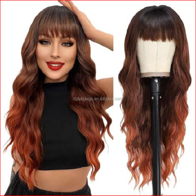 Bangs Wavy Curly Wigs 26inch Ombre Auburn