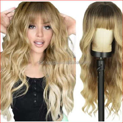 Bangs Wavy Curly Wigs 26inch Dirty Blond
