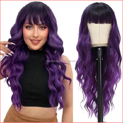 Bangs Wavy Curly Wigs 26inch Ombre Purple