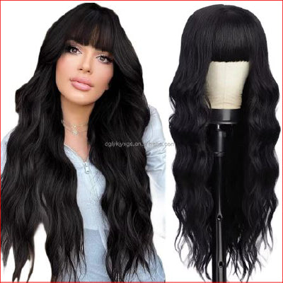 Bangs Wavy Curly Wigs 26inch Black