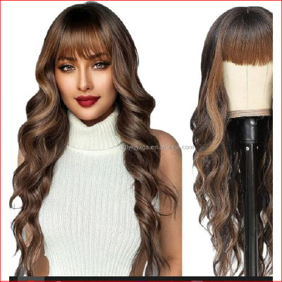 Bangs Wavy Curly Wigs 26inch Brown with Blonde Face Highlights