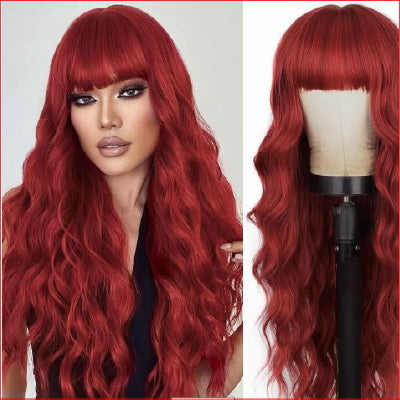 Bangs Wavy Curly Wigs 28inch Shiny Red