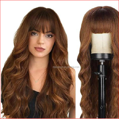 Bangs Wavy Curly Wigs 26inch Brown with Blonde Highlights