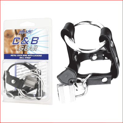 Blue Line Metal Cock Ring with Locking Ball Strap
