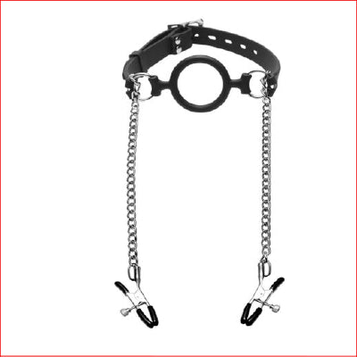 Master Series Mutiny Silicone O-Ring Gag with Nipple Clamps