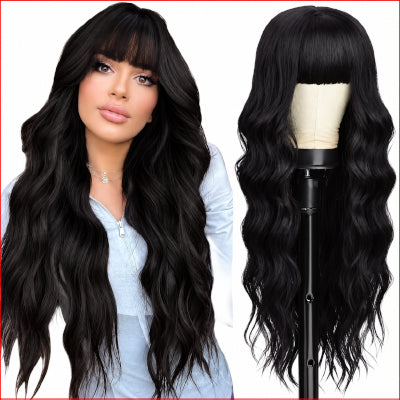 Bangs Wavy Curly Wigs 26inch Black