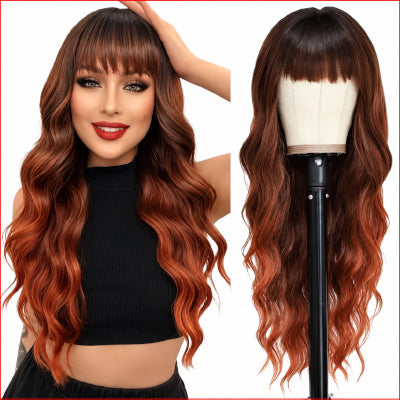 Bangs Wavy Curly Wigs 26inch Ombre Auburn