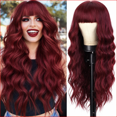 Bangs Wavy Curly Wigs 26inch Burgundy