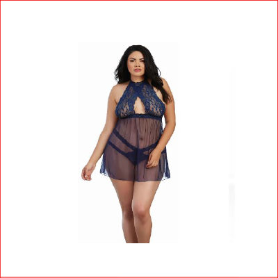Halter Lace & Sheer with Stappy Thong Midnight Blue