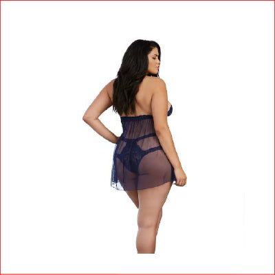 Halter Lace & Sheer with Stappy Thong Midnight Blue