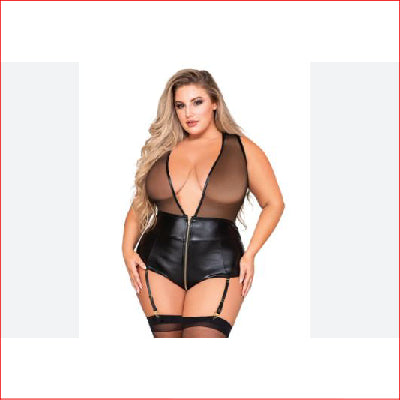 Mesh & Faux Leather Garter Teddy Plus 1X