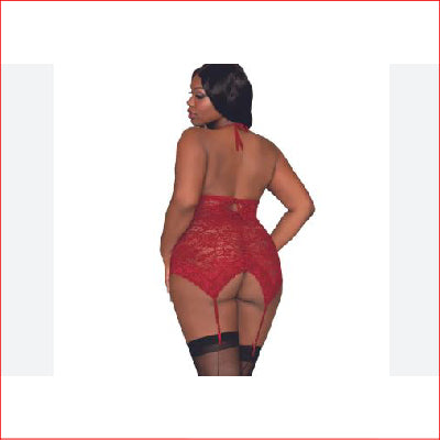 Stretch Lace Halter Teddy with Chain Q