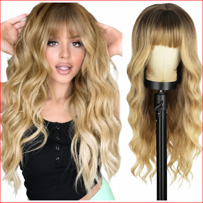 Bangs Wavy Curly Wigs 26inch Dirty Blonde