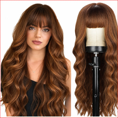 Bangs Wavy Curly Wigs 26inch Brown with Light Brown Highlights