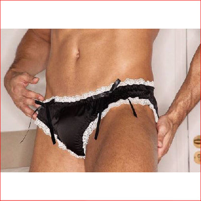Mens Black Satin with White Lace Brief