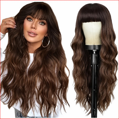 Bangs Wavy Curly Wigs 26inch Brown Ombre