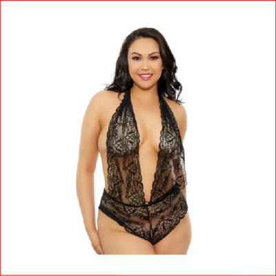 Popsi Lace Crotchless Teddy Black Plus