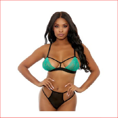 Popsi Lace Bralette & Crotchless Panty Green Small