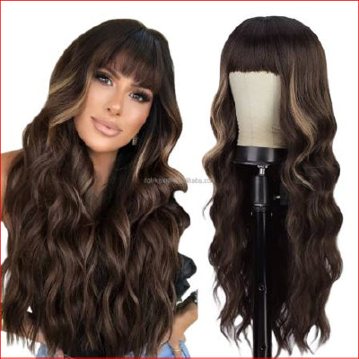 Bangs Wavy Curly Wigs 26inch Brown with Blonde Highlights