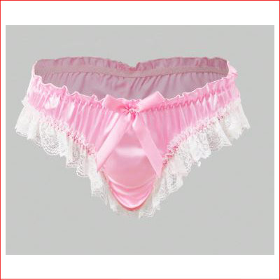 Mens Pink Satin with White Lace Brief