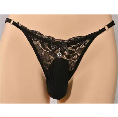 Mens Lace Pouch T-Back Thong Black